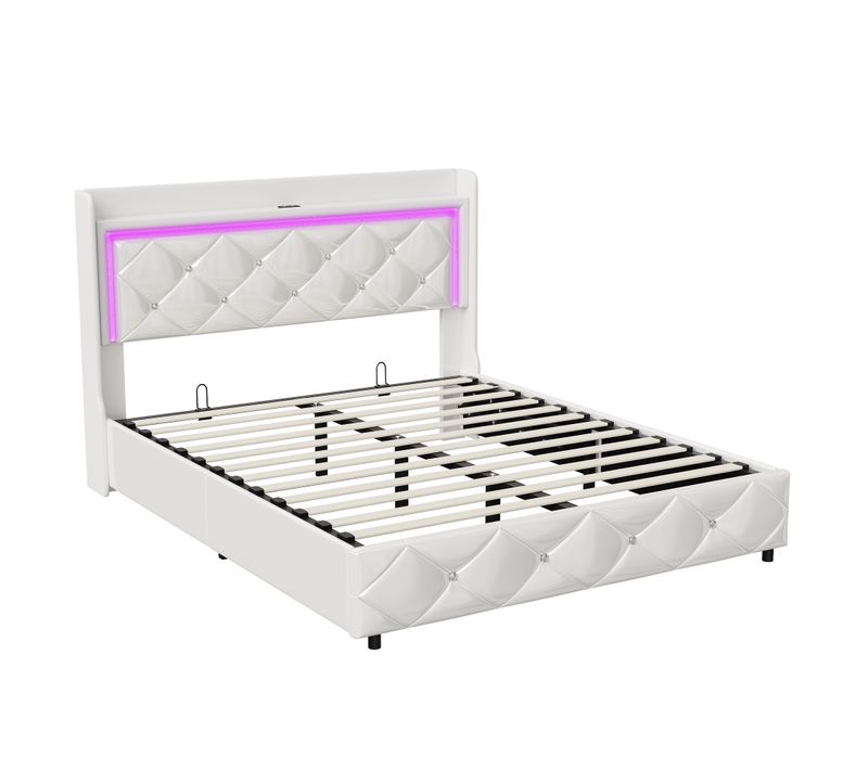 Lit Rembourré 160x200cm Avec USB, Lit Double, Lit Rangement Avec LED,simili Cuir, Cadre De Lit,blanc