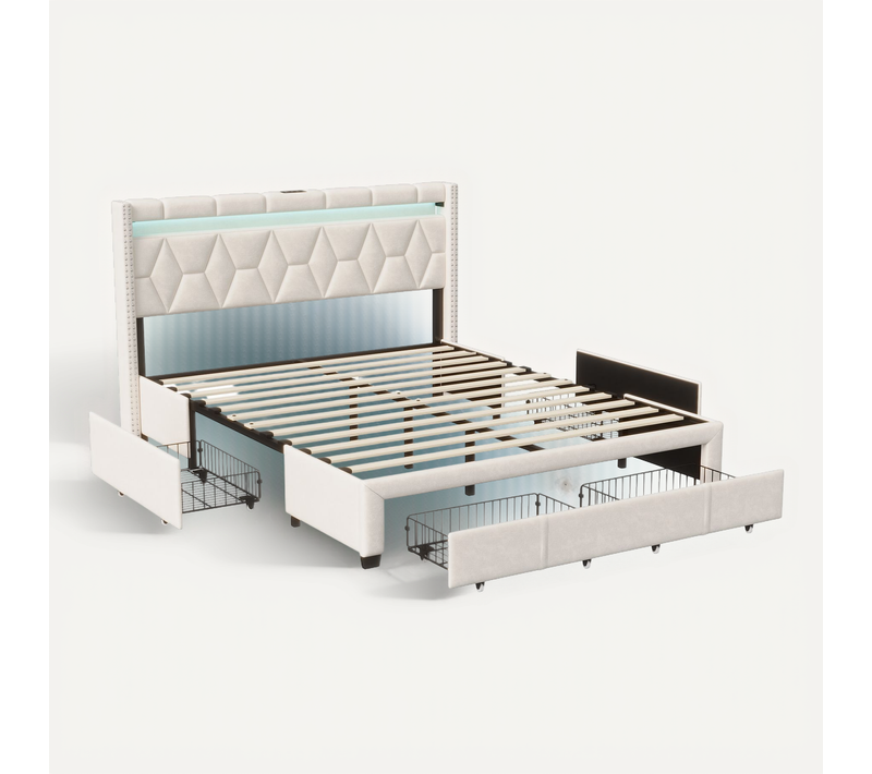 Lit Rembourré Lit Double 160x200cm Avec 4 Tiroirs Et LED, USB, Cadre De Lit, Lin Beige
