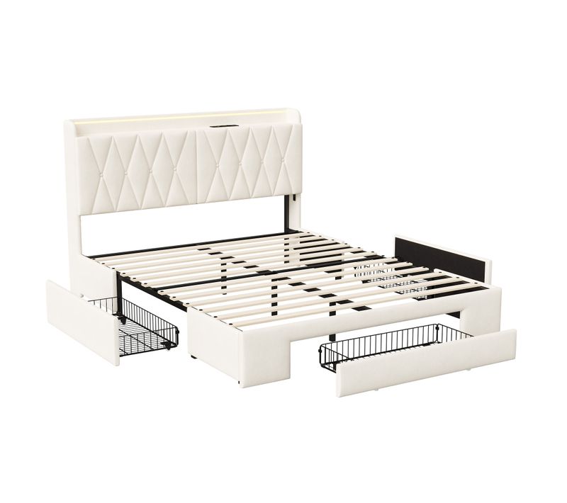Lit 140x200 Sommier LED Et USB, Type-c, 3 Tiroirs, Tete De Lit Avec Rangement, Velours, Beige