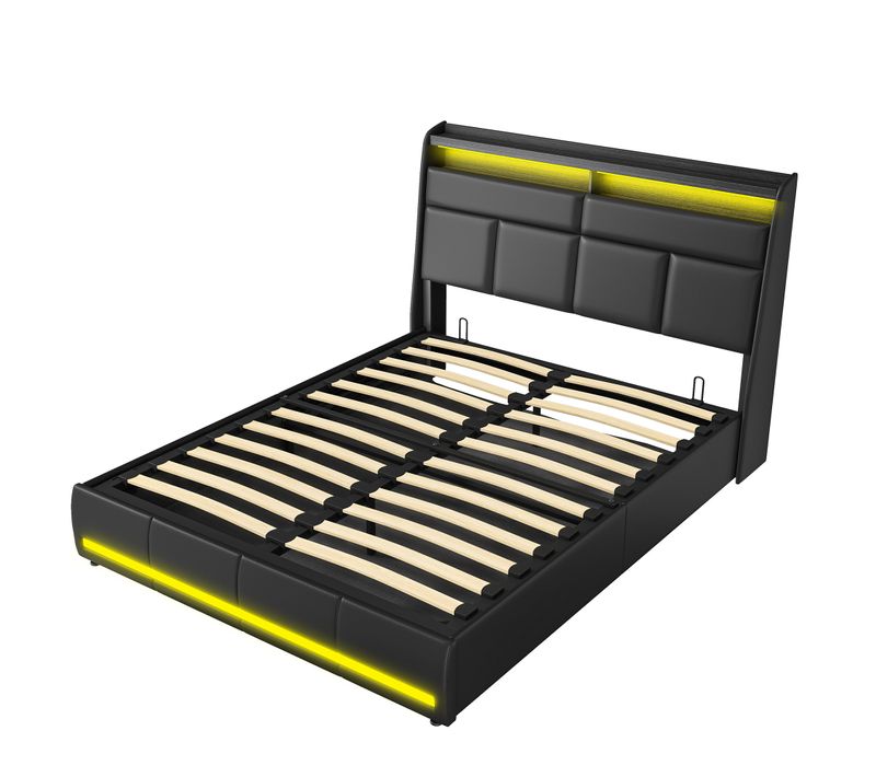 Lit Coffre 160x200 Avec Sommier Et USB, LED, Cadre De Lit Avec Rangement Et Tete De Lit, Noir