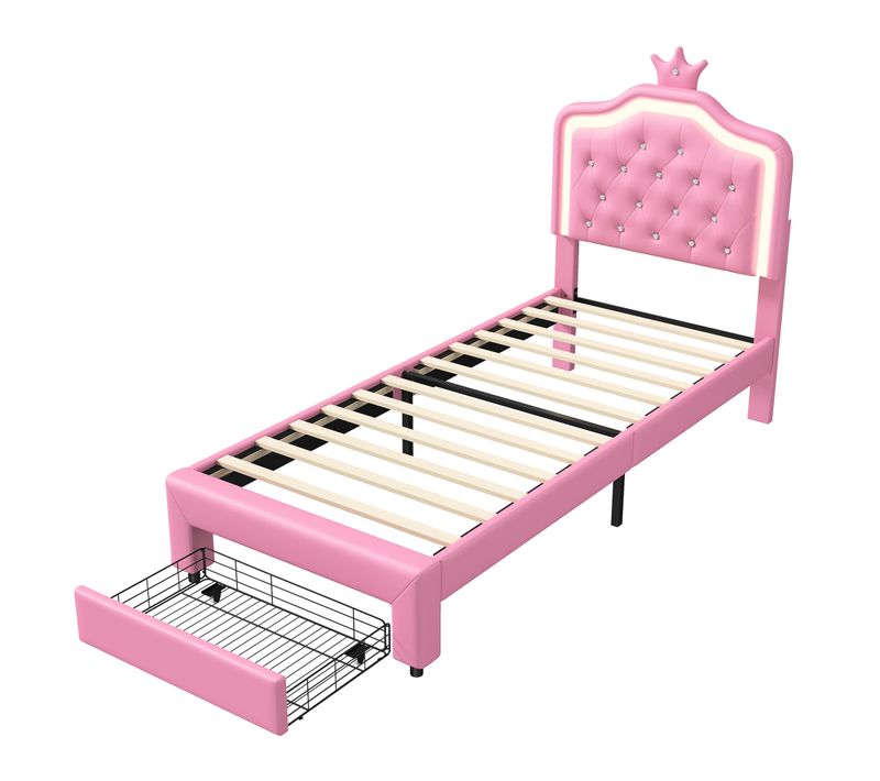 Lit Rembourré 90x200 Avec LED Tête De Lit, Sommier à Lattes En Bois, Rose