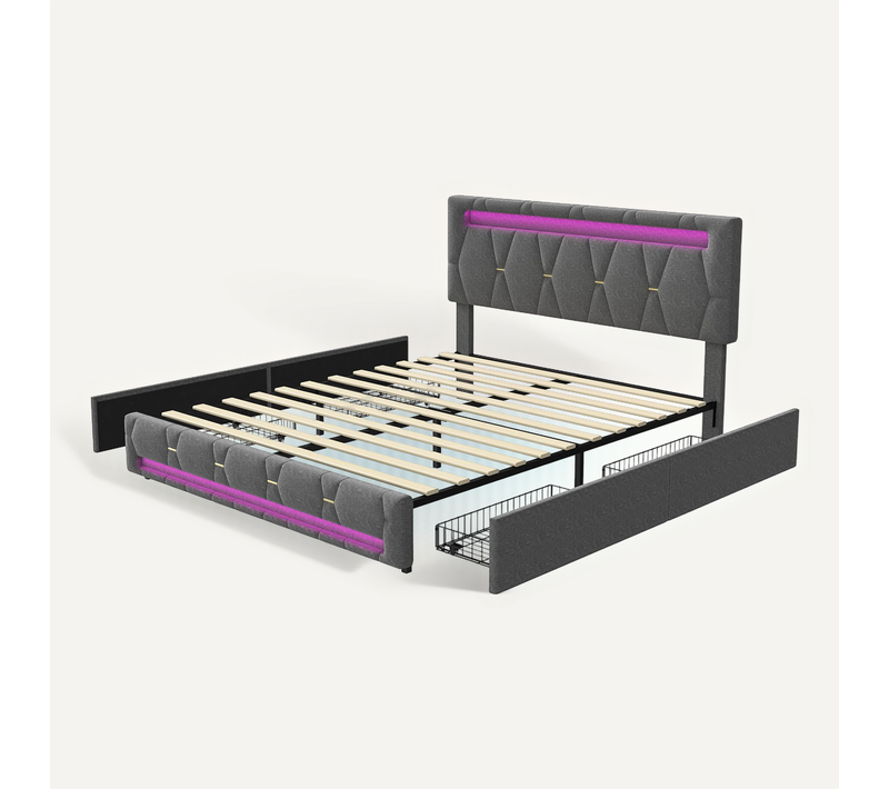 Lit 160x200 Avec Sommier LED Et USB,lit Capitonné Avec 4 Tiroirs Et Grand Rangement Lit,gris