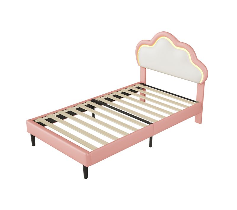Lit Rembourré 90 X 200 Cm Avec Tête De Lit Réglable,led,lit Simple Pour Fille En Cuir,pu,rose