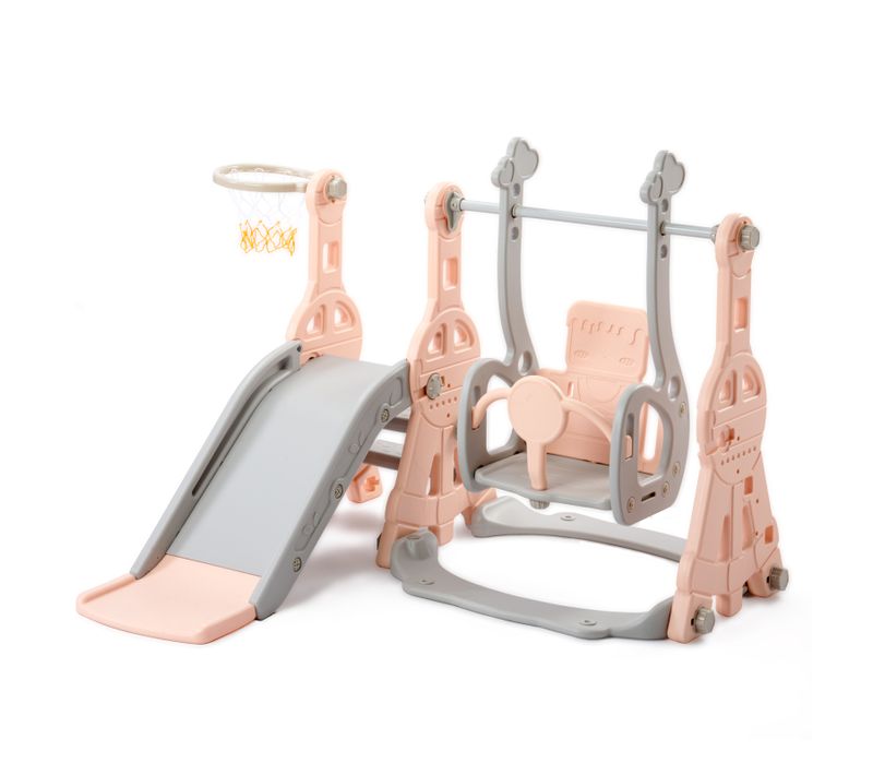 Toboggan Enfant 4 En 1 Avec Panier De Basket - Aire De Jeux Intérieure Et Extérieure, Rose