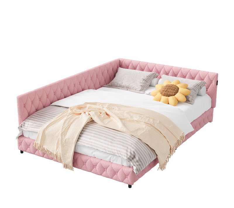Lit 140x200cm, Lit Double Avec LED, Port USB, Type-c, Tissu En Peluche, Canapé-lit, Rose