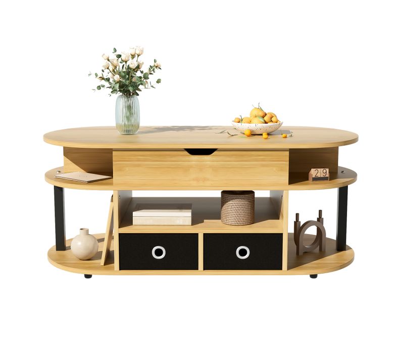 Table Basse Relevable, Table De Salon En Grain De Bois Avec Noir Tiroirs, 105x50x45/60 Cm