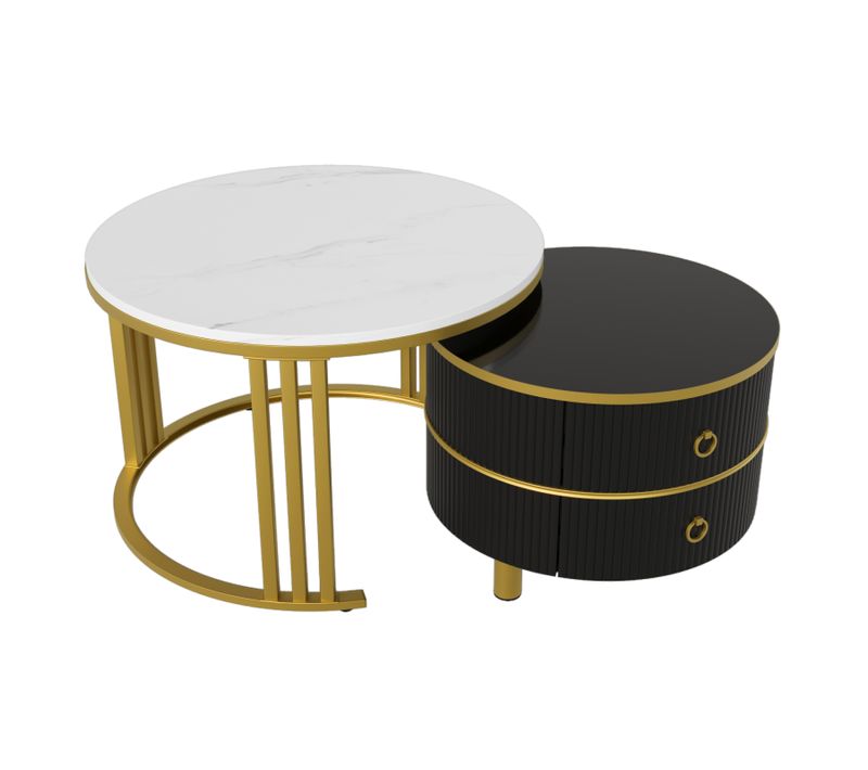 Lot De 2 Table Basse Gigogne Ronde - Avec Plateau En Verre Brun, 2 Tiroirs, Design Moderne - Noir