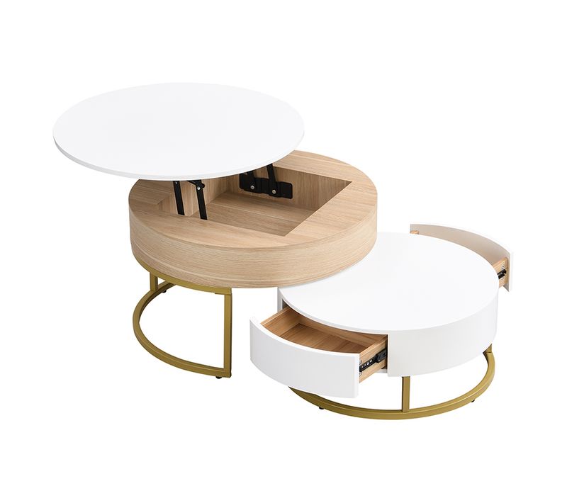 Lot De 2 Table Basse Gigogne, Grand Table Avec Plateau Relevable, 2 Tiroirs, Mdf, Blanc