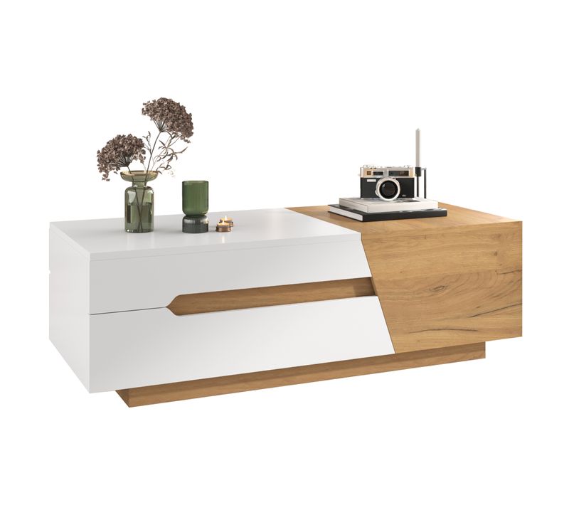 Table Basse Extensible, Table Basse Rectangle Avec Tiroirs, Structure Color Block, Naturel