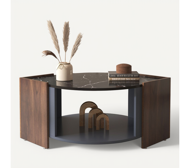 Table Basse En Marbre Et Noyer - Bois Avec Tiroir Et Rangement Ouvert - Style Industriel
