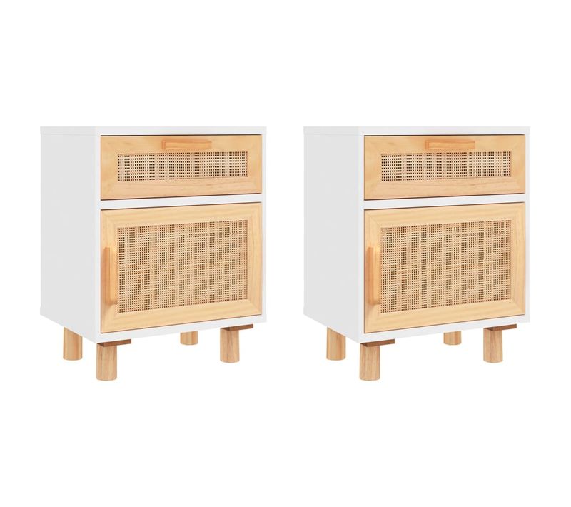 Lot De 2 Tables De Chevet - Tables De Nuit Blanc Bois De Pin Massif Et Rotin Naturel