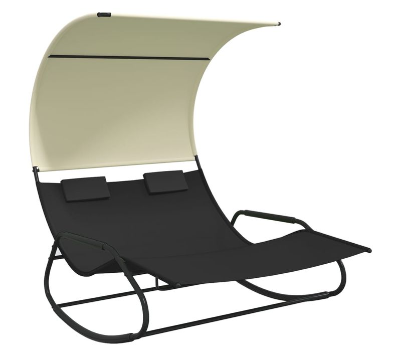 Chaise Longue 2 Places - Transat - Bain De Soleil Double à Bascule Avec Auvent Noir Et Crème