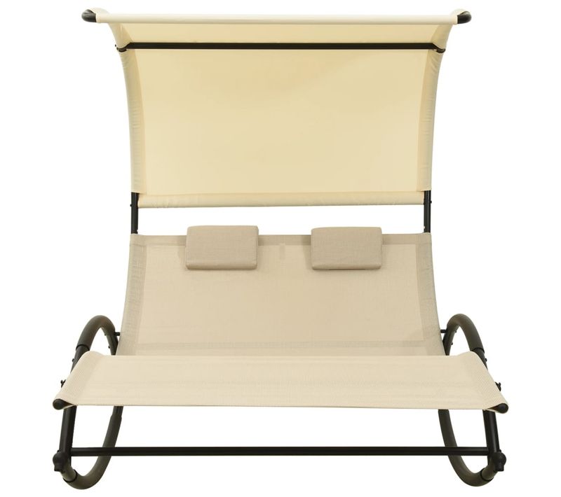 Chaise Longue 2 Places - Transat - Bain De Soleil Double Avec Auvent Textilène Crème