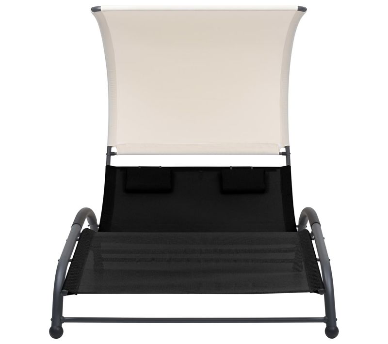 Chaise Longue 2 Places - Transat - Bain De Soleil Double Avec Auvent Textilène Noir
