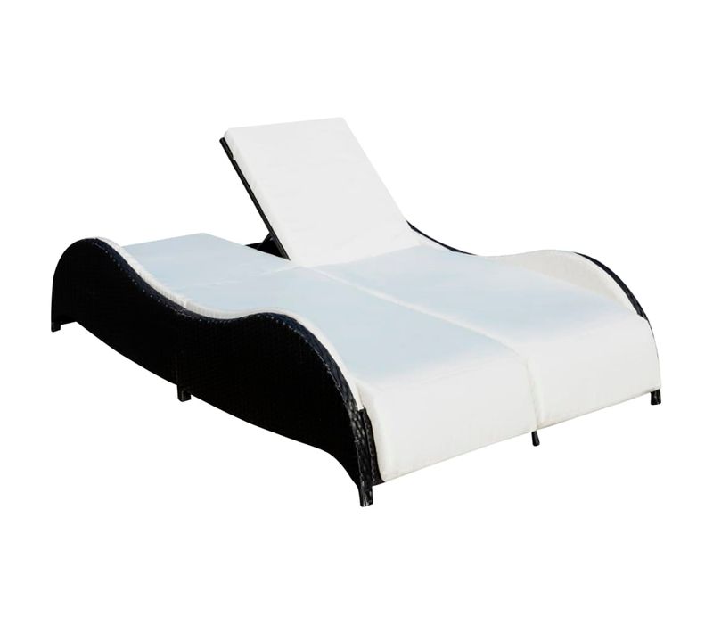 Chaise Longue 2 Places - Transat - Bain De Soleil Double Avec Coussin Résine Tressée Noir