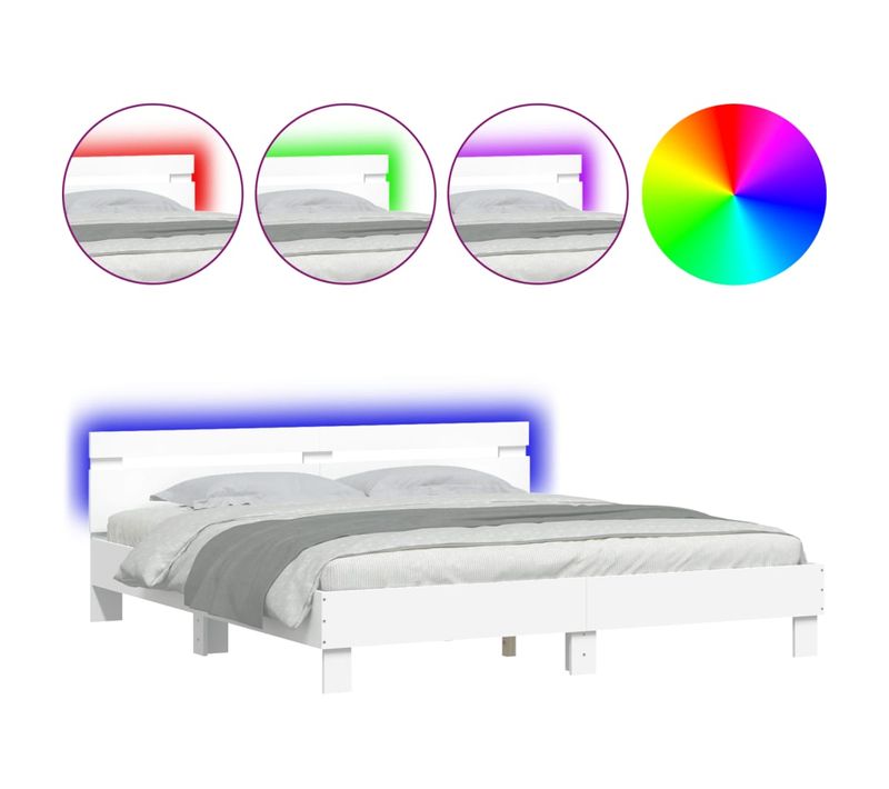 Lit Double - Lit Adulte Simple - Cadre De Lit Avec Tête De Lit Et LED Blanc 160x200 Cm