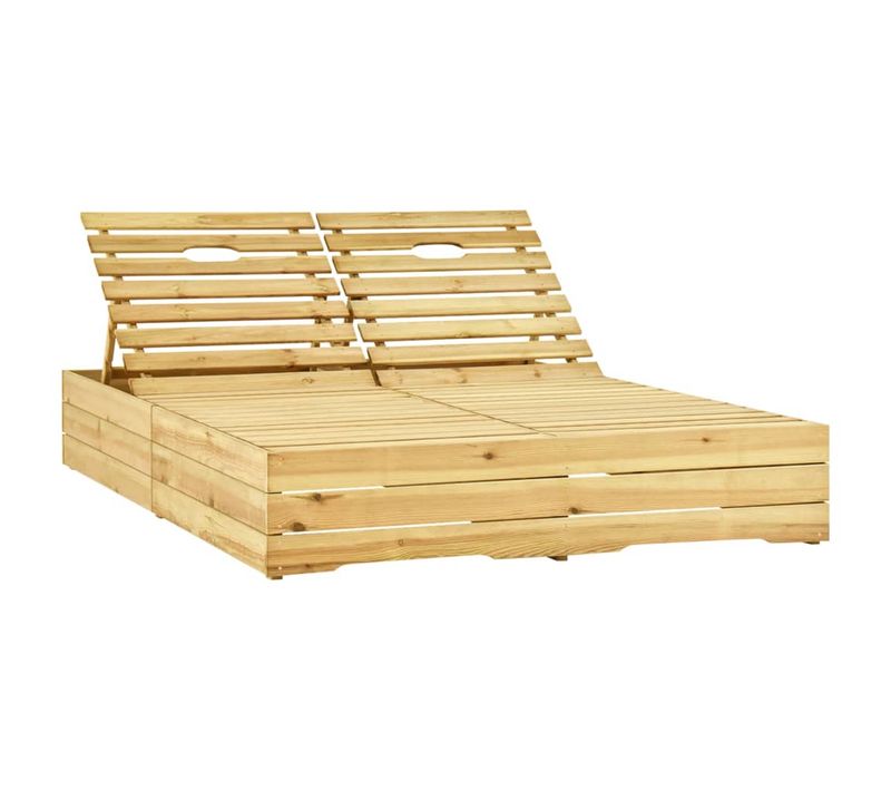 Chaise Longue 2 Places - Transat - Bain De Soleil Double Et Coussins Taupe Pin Imprégné