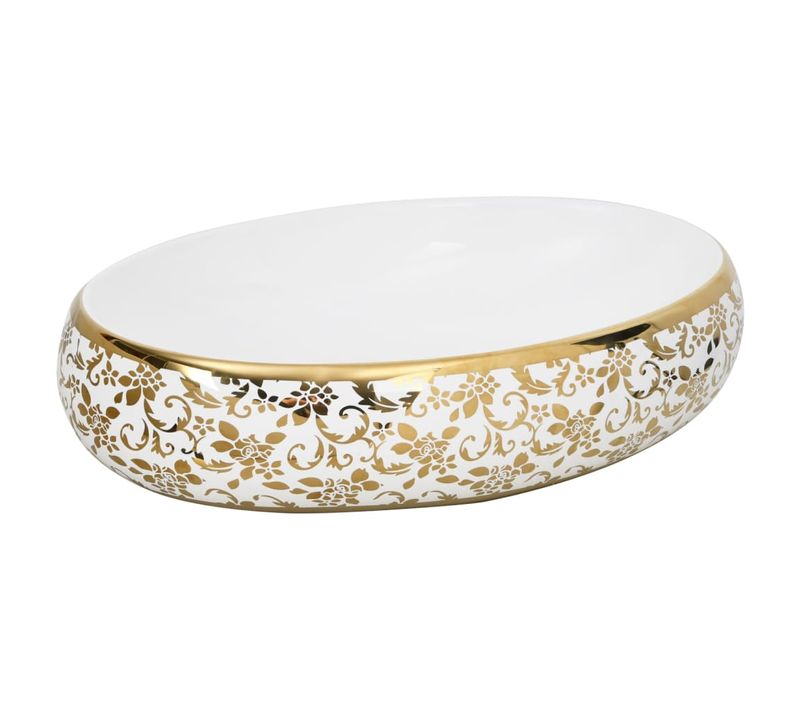 Vasque à Poser - Lavabo Blanc Et Doré Ovale 59x40x15 Cm Céramique