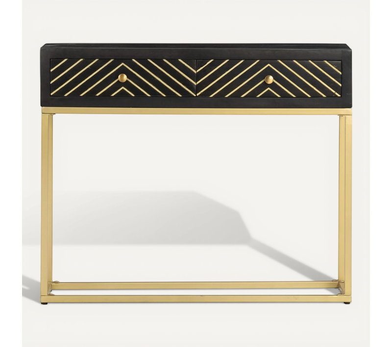 Table Console, Table D'entrée, Console Meuble Noir Et Doré 90x30x75 Cm Bois De Manguier Massif