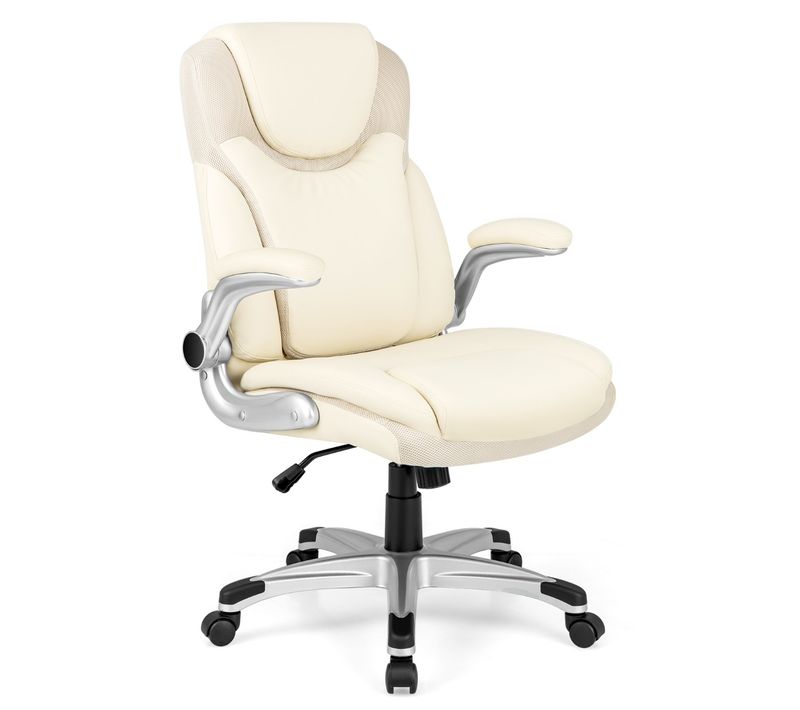 Chaise De Bureau Ergonomique, Chaise De Travail Cuir Pu Avec Accoudoirs Rabattables Pivotante Blanc