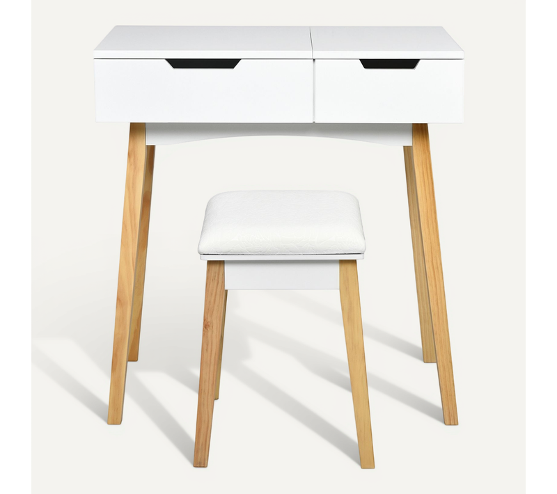 Coiffeuse Table De Maquillage Avec Miroir Carré Rabattable Et Tabouret Capitonné 80x40x136 Cm Blanc