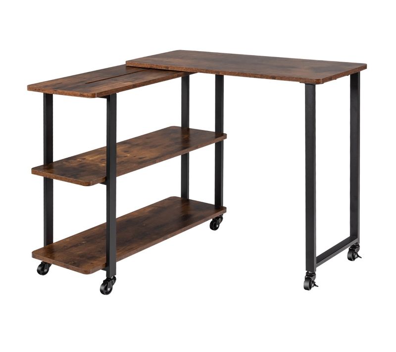 Bureau D'angle à Roulettes Bureau D'ordinateur En Forme L Avec 3 Etagères Métal 80x71,5x65cm Café