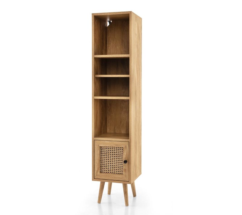 Colonne - Meuble De Rangement Avec Porte Rotin Étagère Réglable 29,5x29,5x137cm Bois