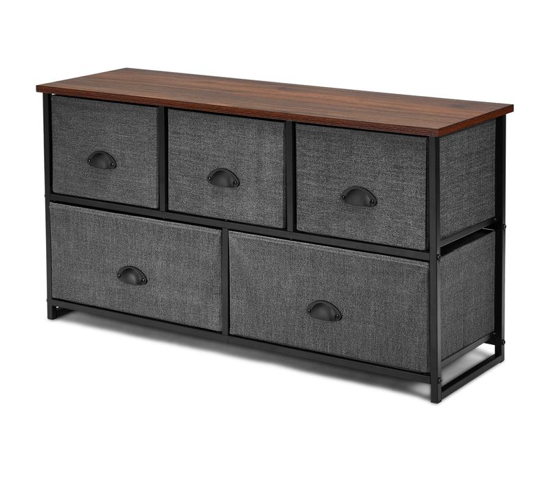 Commode Meuble De Rangement à 5 Tiroirs Tissu - 100x30x53,5cm Noir Et Gris Foncé