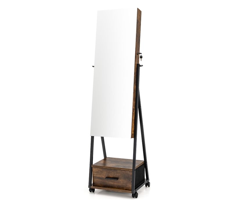 Armoire à Bijoux à Roulettes Avec Miroir Et Tiroir Porte Verrouillable Blanc 42x38x157cm Marron