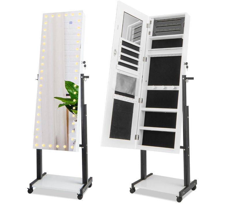 Armoire à Bijoux à Roulettes Miroir LED Sur Pieds Hauteur Angle Réglables 46x36x155-175cm Blanc