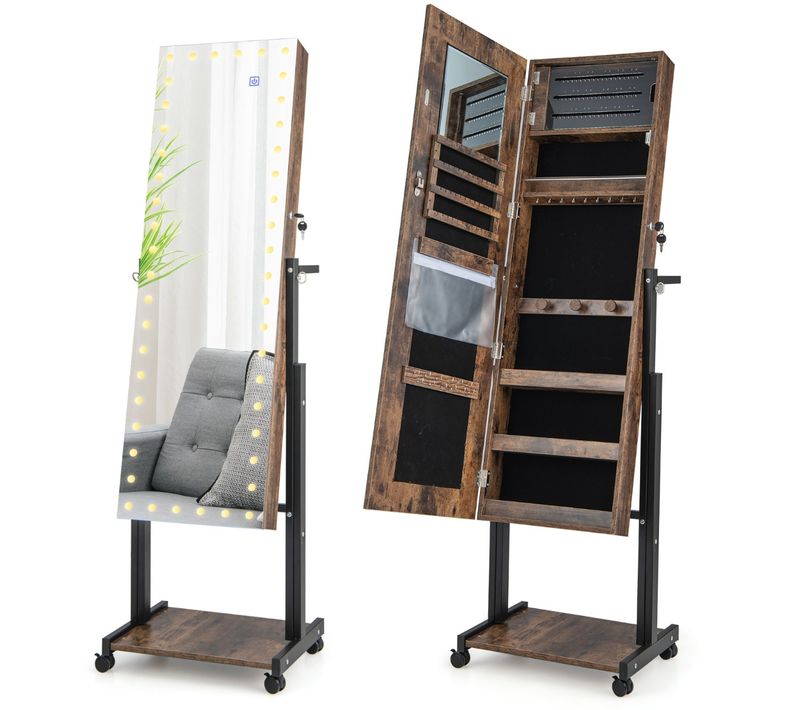 Armoire à Bijoux à Roulettes Miroir LED Sur Pieds Hauteur Angle Réglables Interrupteur Tactile Café