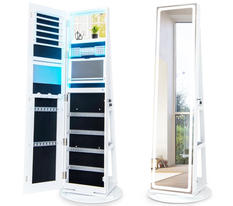 Armoire à Bijoux Avec Miroir Sur Pieds Pivotant Miroir Psyché Sans Cadre LED Verrouillable Blanc