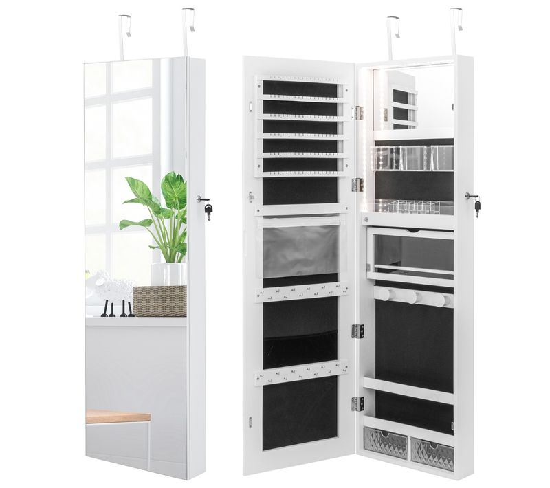 Armoire à Bijoux Murale Avec Miroir Sur Pieds LED 3 Couleurs Petit Miroir Intégré Blanc