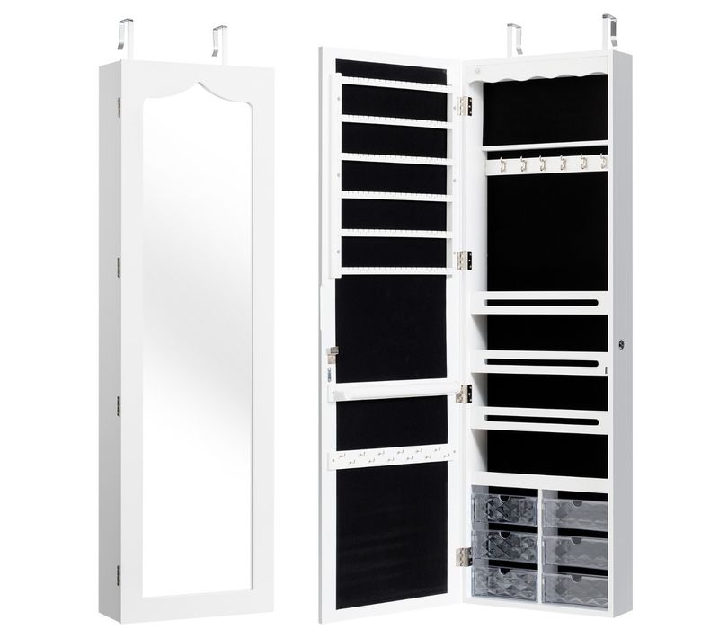 Armoire à Bijoux Murale LED Avec Miroir Hauteur Du Crochet Ajustable 120x36,5x11,5cm Blanc