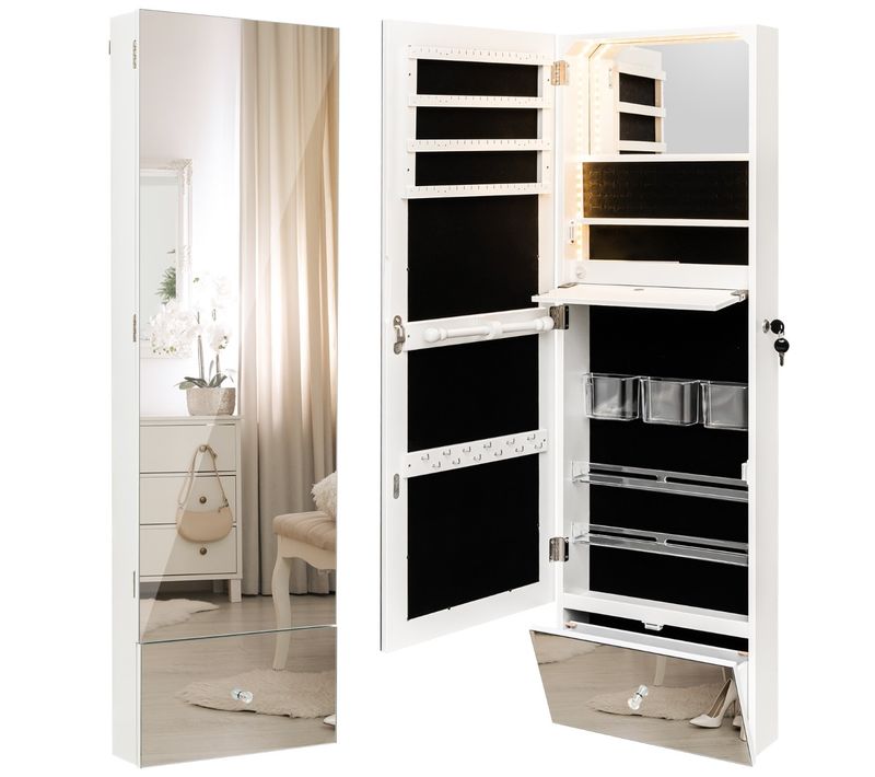 Armoire à Bijoux Murale Miroir Pleine Longueur LED 3 Couleurs Porte Verrouillable 37x11x120cm Blanc