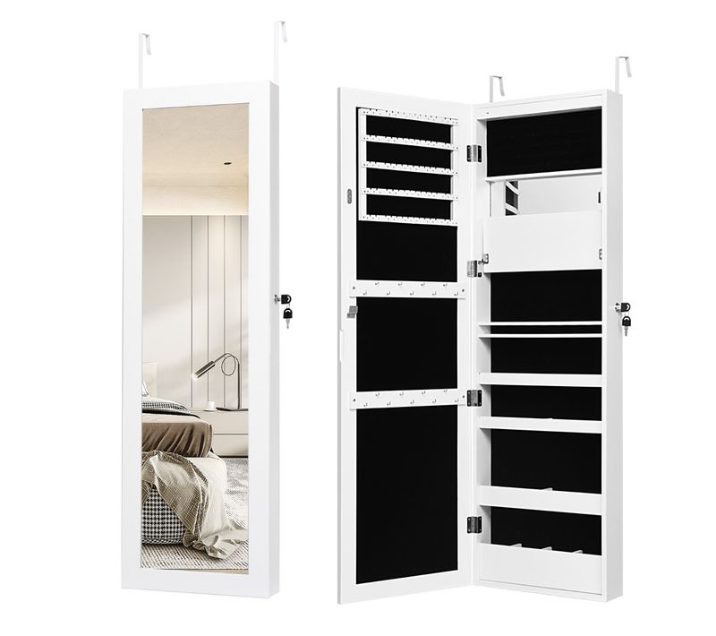 Armoire à Bijoux Murale Avec Miroir LED Intégrées Porte Verrouillable Avec 2 Clés 37x9x119cm Blanc