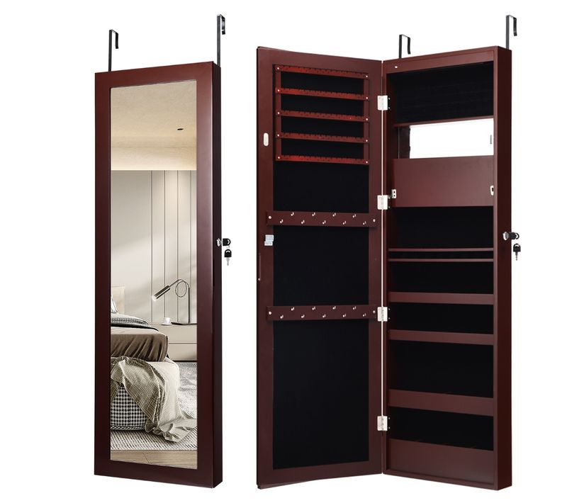 Armoire à Bijoux Murale Avec Miroir LED Intégrées Porte Verrouillable Avec 2 Clés 37x9x119cm Marron