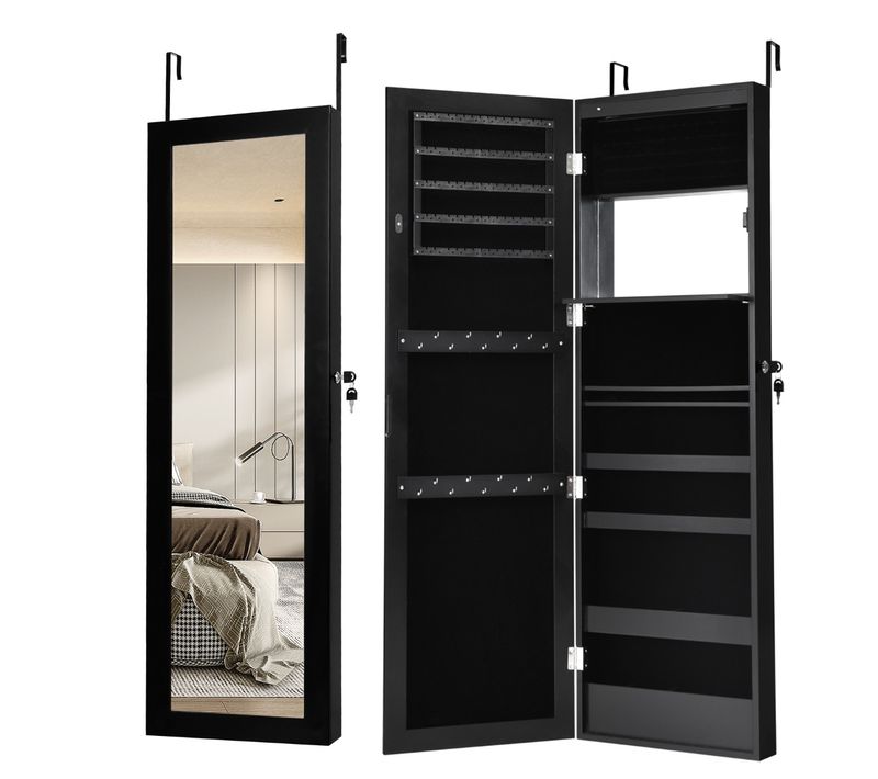 Armoire à Bijoux Murale Avec Miroir LED Intégrées Porte Verrouillable Avec 2 Clés 37x9x119cm Noir