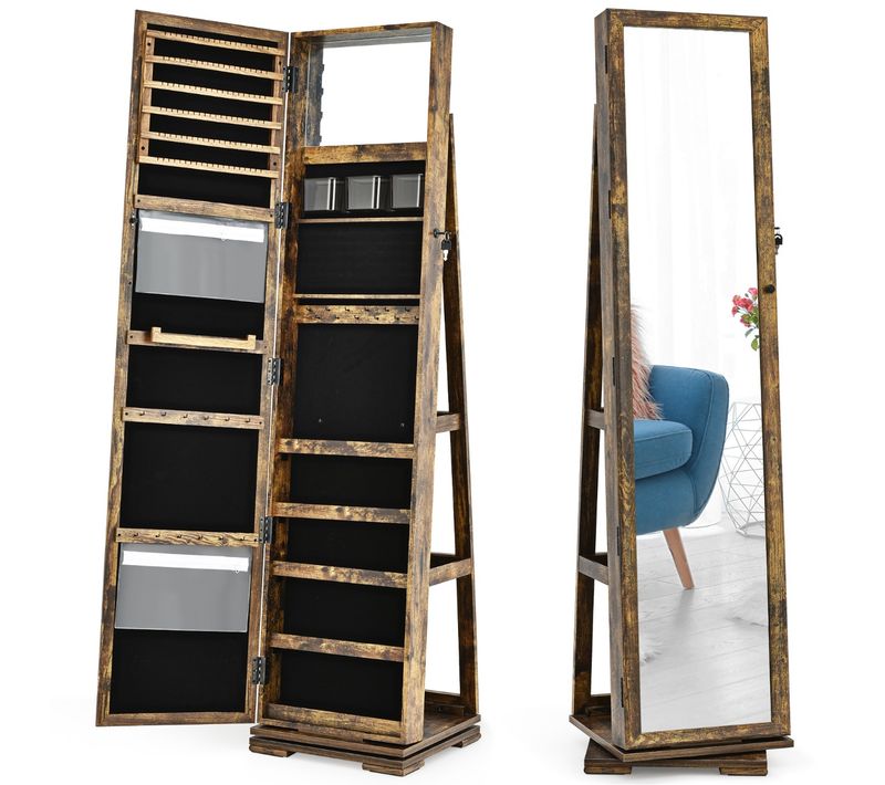 Armoire à Bijoux Pivotante à 360 Degrés Avec Grand Miroir Psyché Et Etagère De Rangement Café