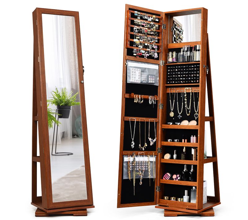 Armoire à Bijoux Pivotante à 360 Degrés Avec Grand Miroir Psyché Et Etagère De Rangement Marron