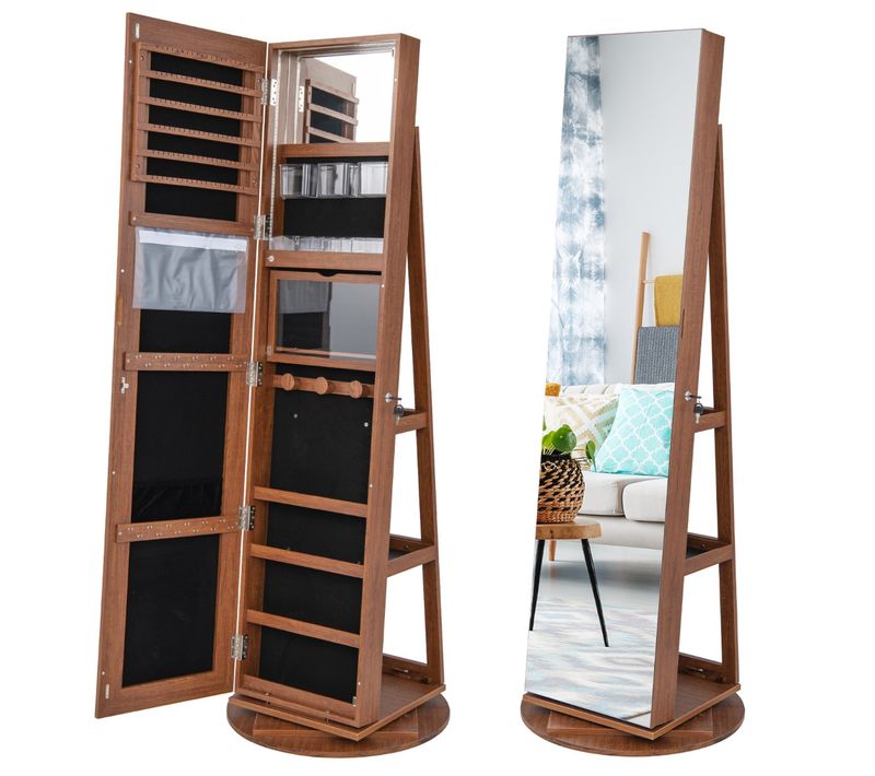 Armoire à Bijoux Pivotante à 360°avec LED 3 Couleurs Miroir Pleine Longueur 54,5x161cm Marron Foncé