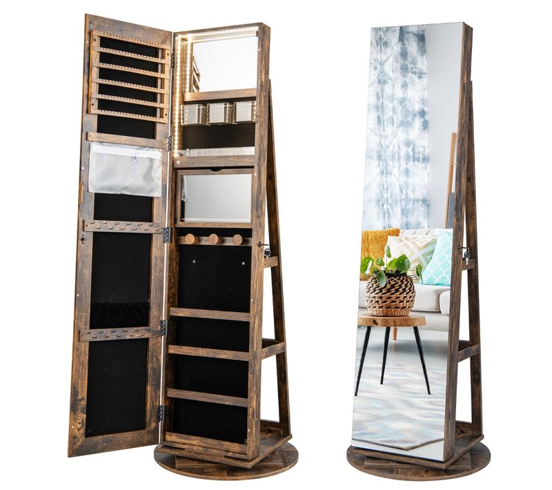 Armoire à Bijoux Pivotante à 360°avec LED 3 Couleurs Miroir Pleine Longueur 54,5x161cm Marron