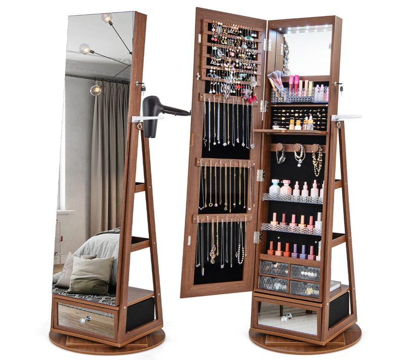Armoire à Bijoux Pivotante à 360°miroir Pleine Longueur LED Verrouillable 56x164cm Marron