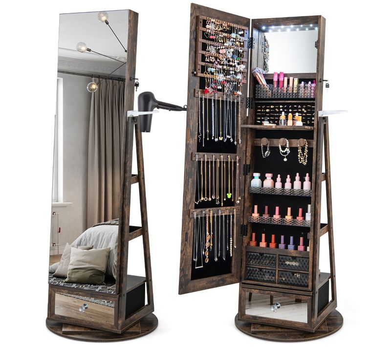 Armoire à Bijoux Pivotante à 360°miroir Pleine Longueur LED Verrouillable 56x164cm Noyer
