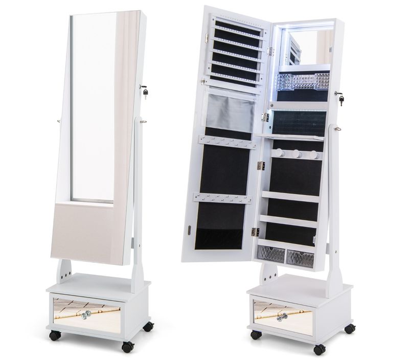 Armoire à Bijoux Sur Pied Avec Miroir Verrouillables LED Tiroir Serrure Et Clé 42x35x159cm Blanc