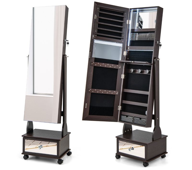Armoire à Bijoux Sur Pied Avec Miroir Verrouillables LED Tiroir Serrure Et Clé 42x35x159cm Brun