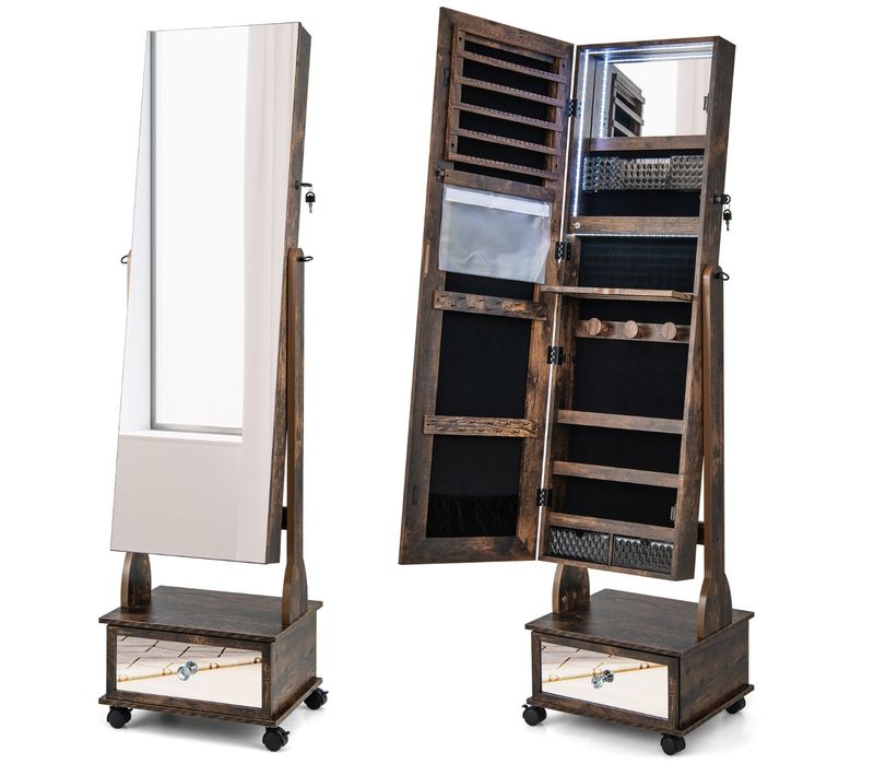 Armoire à Bijoux Sur Pied Avec Miroir Verrouillables LED Tiroir Serrure Et Clé 42x35x159cm Marron