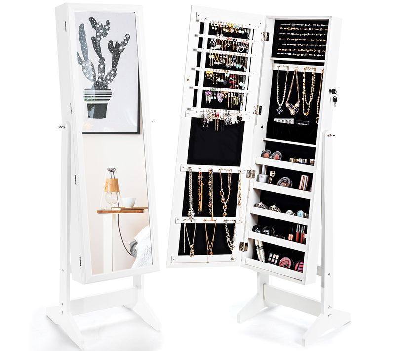 Armoire à Bijoux Sur Pied Avec Miroir Psyché Inclinable Et Présentoir Pour Bijoux Blanc