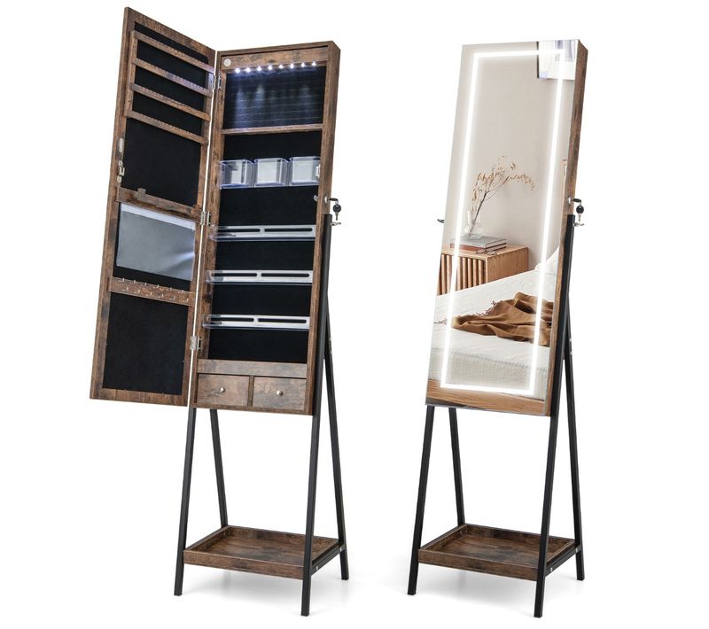 Armoire à Bijoux Avec Miroir Pleine Longueur LED 3 Couleurs Interrupteur Tactile Verrouillable Café