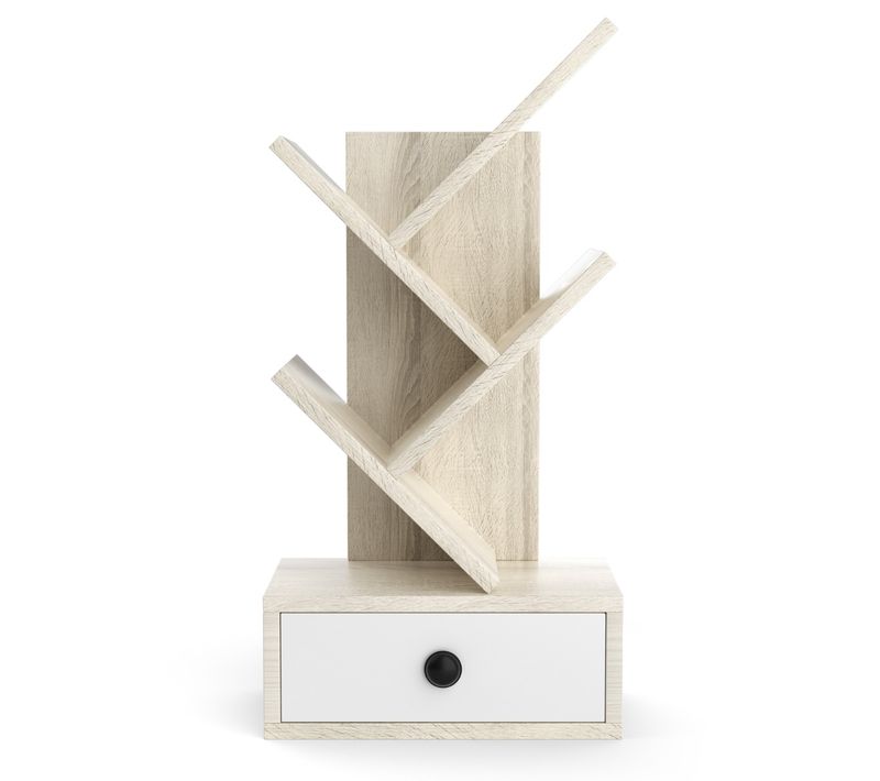 Bibliothèque - Étagère Arbre 60cm 5 Niveaux Avec Tiroir Pour Bureau Salon Chambre Beige